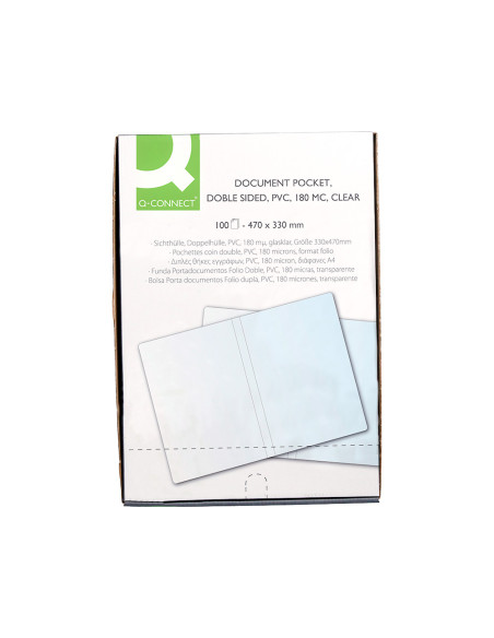 Funda portadocumento q-connect folio doble 180 micras pvc transparente 330x470mm