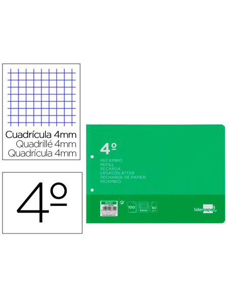 Recambio liderpapel din a5 apaisado 100 hojas 75 gr cuadro 4 mm 2 taladros con margen