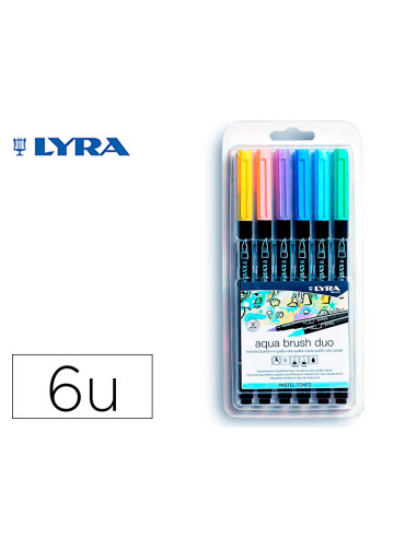 Rotulador lyra aqua brush acuarelable doble punta y pincel tonos pastel blister de 6 unidades surtidas