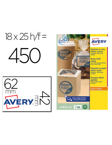 Etiqueta adhesiva avery kraft efecto carton rectangular 62x42 mm removible para laser ink-jet caja de 160 unidades