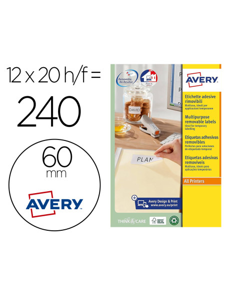 Etiqueta adhesiva avery blanca redonda removible para laser ink-jet fotocopiadora 60 mm caja de 240 unidades