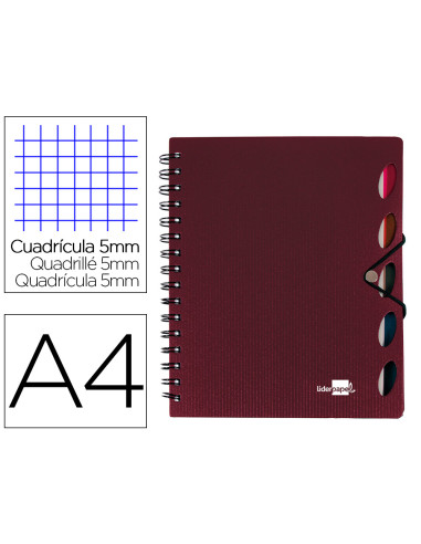 Cuaderno espiral liderpapel a4 micro executive tapa plastico 100h 80 gr cuadro 5mm 5 separadores con gomilla burdeos