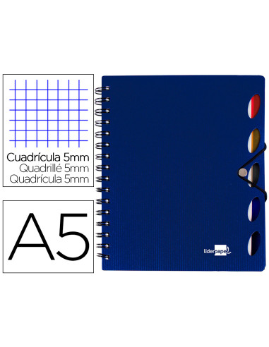 Cuaderno espiral liderpapel a5 micro executive tapa plastico 100h 80 gr cuadro 5mm 5 se paradores con gomilla azul