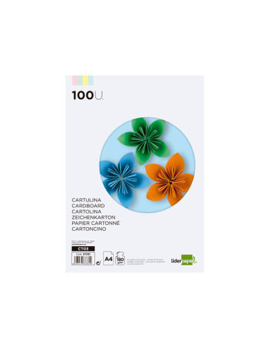 Cartulina liderpapel a4 180g/m2 4 colores surtidos paquete de 100 hojas