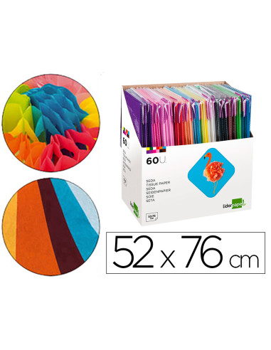 Papel seda liderpapel 52x76 cm expositor 60 bolsas de 5 hojas 12 colores surtidos