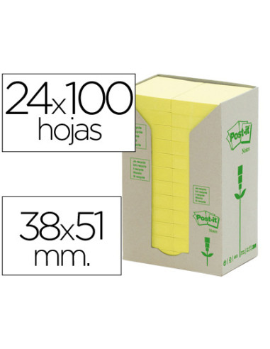 Bloc de notas adhesivas quita y pon reciclada en torre post-it 38 x 51 mm 24 blocs 653 reciclado