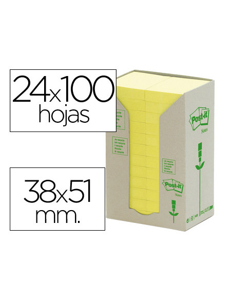 Bloc de notas adhesivas quita y pon reciclada en torre post-it 38 x 51 mm 24 blocs 653 reciclado