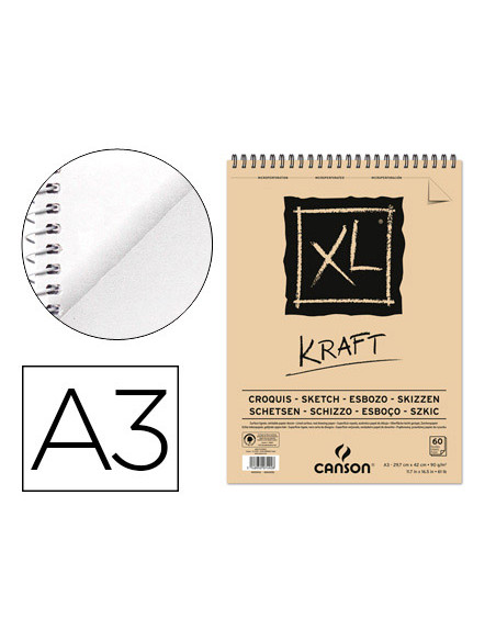 Bloc dibujo esbozo canson xl kraft din a3 kraft rayado beige espiral 29,7x42 cm 60 hojas 90 gr/m2