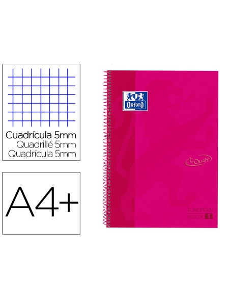 Cuaderno espiral oxford ebook 1 tapa extradura din a4+ 80 h cuadricula 5 mm rosa frambuesa touch