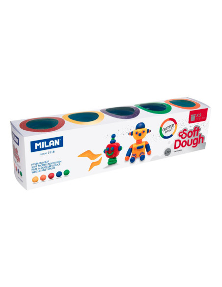 Pasta milan para modelar soft dough glitter caja de 5 botes colores surtidos 142 g