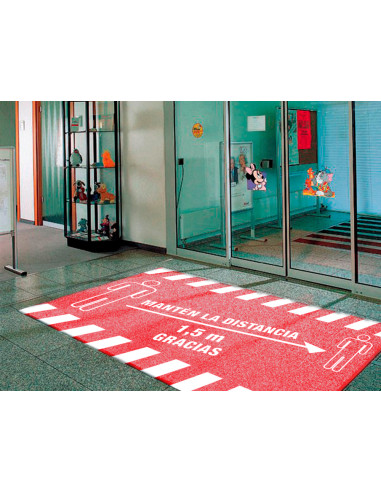 Alfombra para suelo de paso novus manten la distancia de 1,5 m gracias fondo rojo 85x150 cm