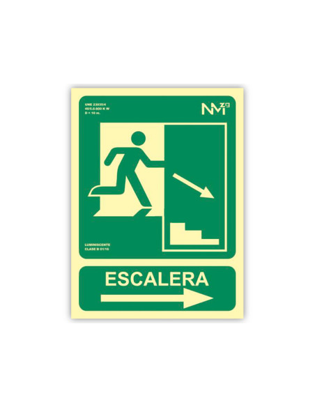 Pictograma archivo 2000 salida emergencia escalera baja derecha pvc verde luminiscente 224x300 mm