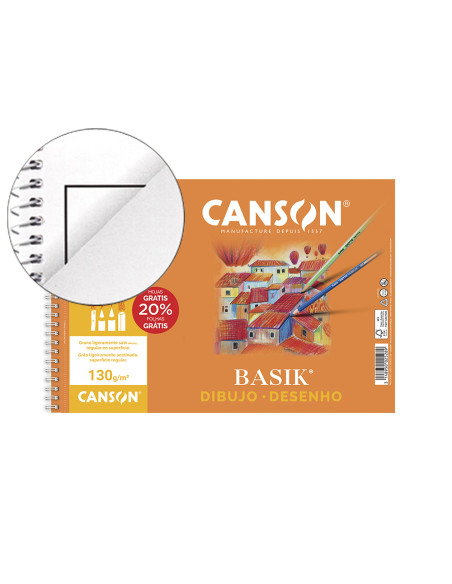 CANSON BLOC DIBUJO BASIK ESPIRAL 20H+20% GRATIS A4+ 130GR MICROPERFORADO C/RECUADRO BLANCO NATURAL -10U-