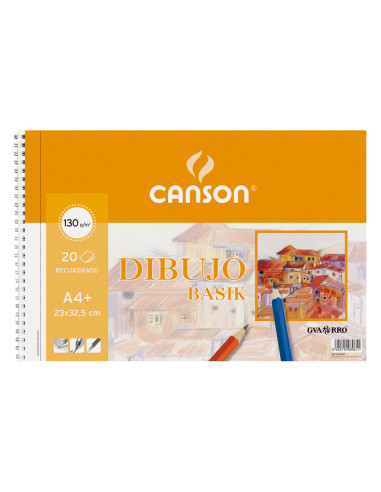 CANSON BLOC DIBUJO BASIK ESPIRAL 20H A4+ 130GR MICROPERFORADO 2 TALADROS C/RECUADRO PACK 10 UD BLANCO NATURAL