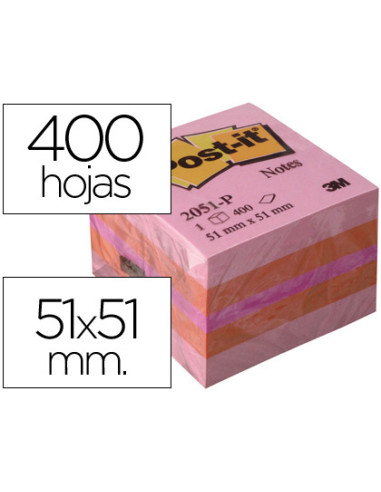 Bloc de notas adhesivas quita y pon post-it 51x51 mm minicubo color rosa 2051-p 400 hojas