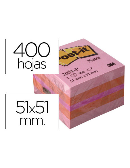 Bloc de notas adhesivas quita y pon post-it 51x51 mm minicubo color rosa 2051-p 400 hojas