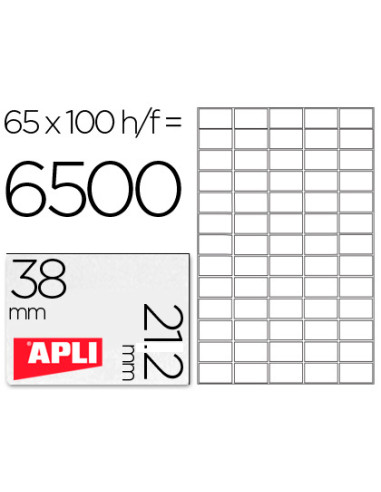 APLI ETIQUETAS ADHESIVAS 38X21,2MM INKJET/LÁSER C/RECTOS 65 X 100H BLANCO