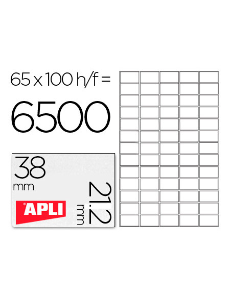 APLI ETIQUETAS ADHESIVAS 38X21,2MM INKJET/LÁSER C/RECTOS 65 X 100H BLANCO