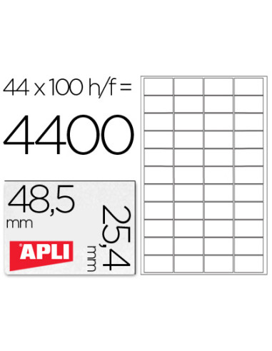 APLI ETIQUETAS ADHESIVAS 48,5X25,4MM INKJET/LÁSER C/RECTOS 44 X 100H BLANCO