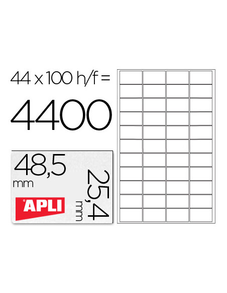 APLI ETIQUETAS ADHESIVAS 48,5X25,4MM INKJET/LÁSER C/RECTOS 44 X 100H BLANCO