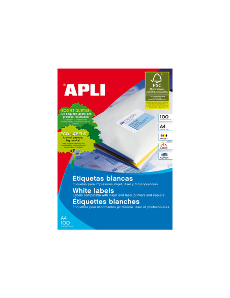 APLI ETIQUETAS ADHESIVAS 70X42,4MM INKJET/LÁSER C/RECTOS 21 X 100H BLANCO