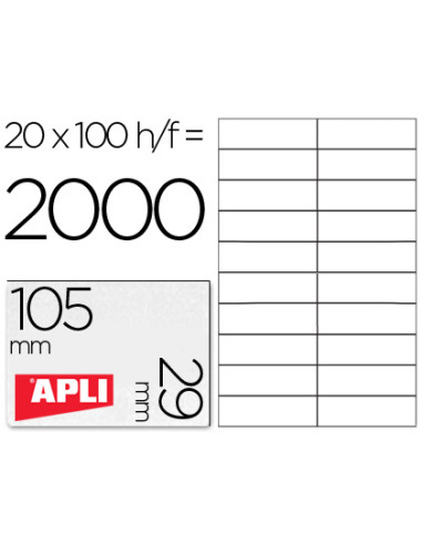 APLI ETIQUETAS ADHESIVAS 105X29MM INKJET/LÁSER C/RECTOS 20 X 100H BLANCO