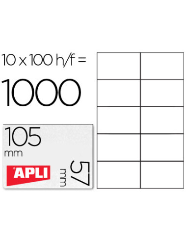 APLI ETIQUETAS ADHESIVAS 105X57MM INKJET/LÁSER C/RECTOS 10 X 100H BLANCO