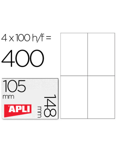 APLI ETIQUETAS ADHESIVAS 105X148MM INKJET/LÁSER C/RECTOS 4 X 100H BLANCO