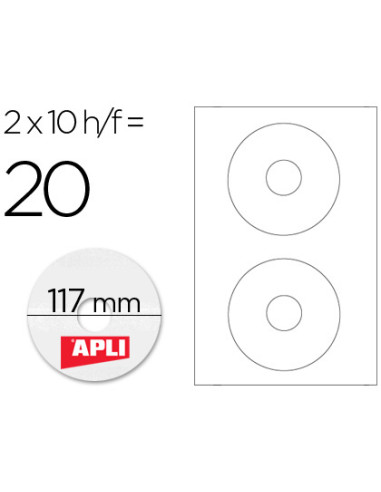 Etiqueta adhesiva apli 10603 tamaño cd-rom 117 mm para fotocopiadora laser ink-jet caja con 10 hojas/20 etiquetas