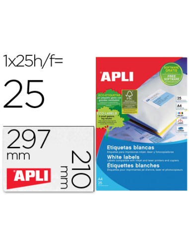 Etiqueta adhesiva apli 1215 210x297 mm para fotocopiadora laser ink-jet caja con 25 hojas