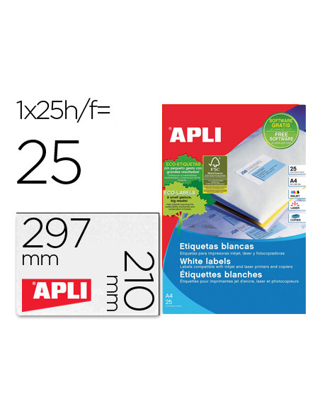 Etiqueta adhesiva apli 1215 210x297 mm para fotocopiadora laser ink-jet caja con 25 hojas