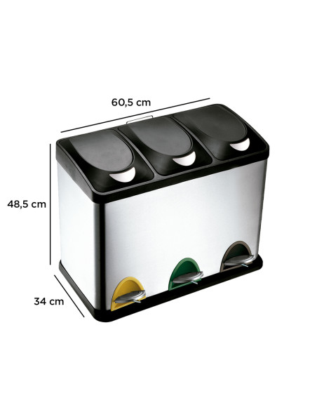 Papelera contenedor q-connect metalica con tapadera de plastico y pedal 3 depositos 45l 605x340x485 mm