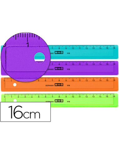 Regla m+r 16 cm plastico graduada y biselada colores surtidos