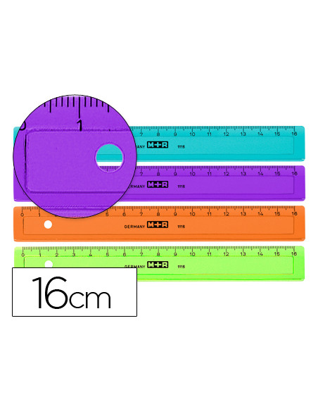 Regla m+r 16 cm plastico graduada y biselada colores surtidos