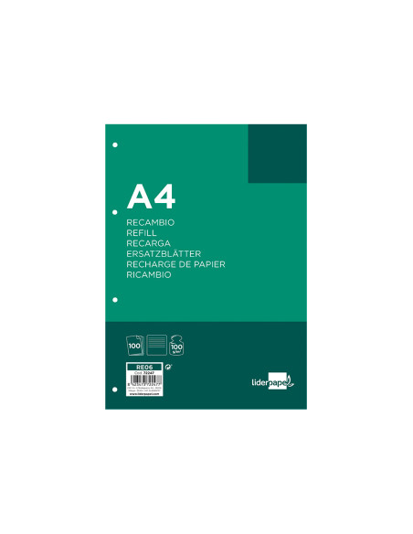 Recambio liderpapel a4 100 hojas 100 g/m2 rayado horizontal 4 taladros bandas de 5 colores