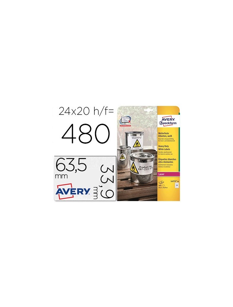 Etiqueta adhesiva resistente avery poliester blanco 3,9 mm 63,5x33,9 mm laser pack de 480unidades