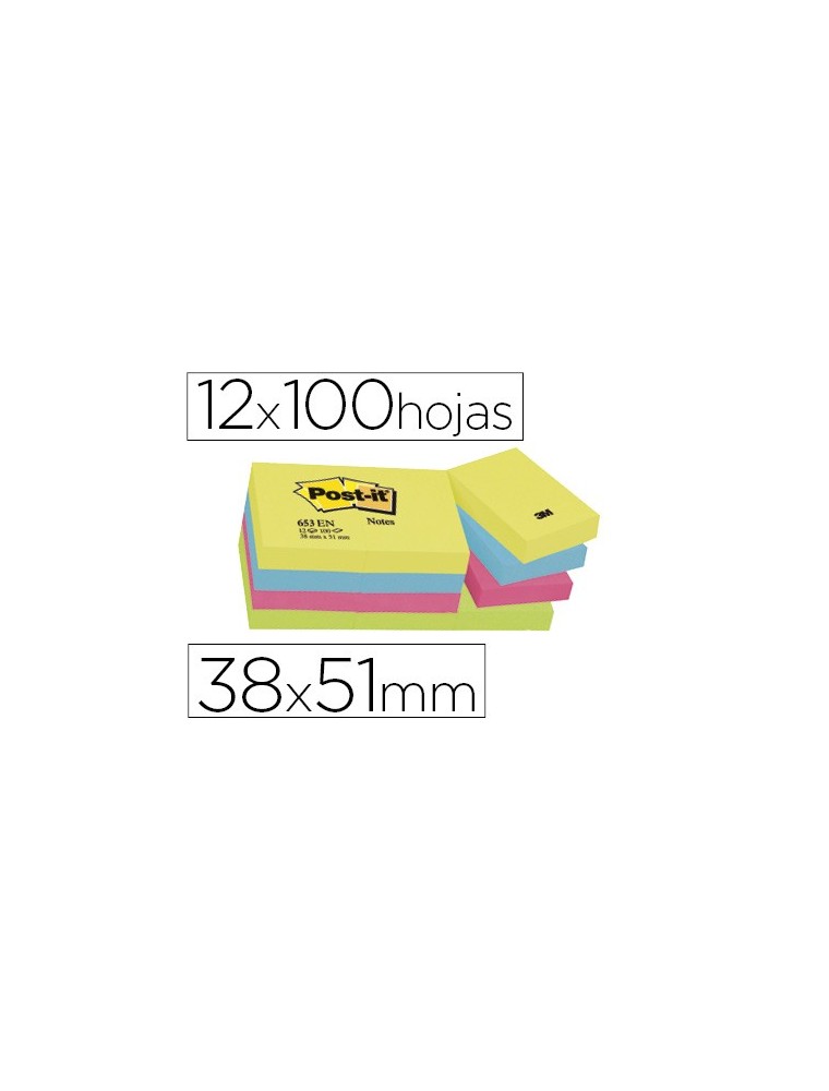 Bloc de notas adhesivas quita y pon post-it 38x51 mm neon pack de 12 blocs surtido