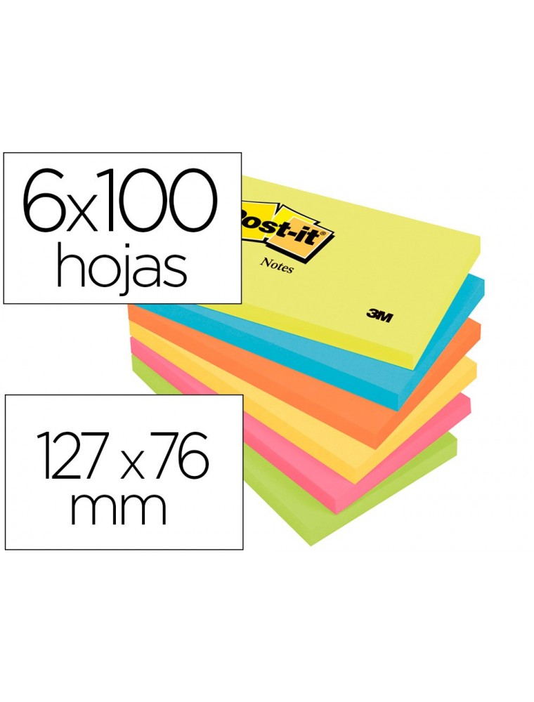 Bloc de notas adhesivas quita y pon post-it 76x127 mm neon pack de 6 blocs surtido