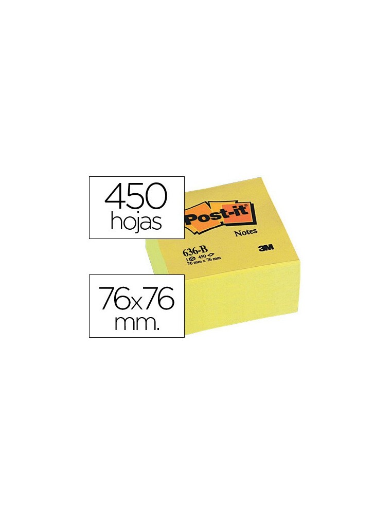 Bloc de notas adhesivas quita y pon post-it 76x76x45 mm cubo colores amarillo 450 hojas