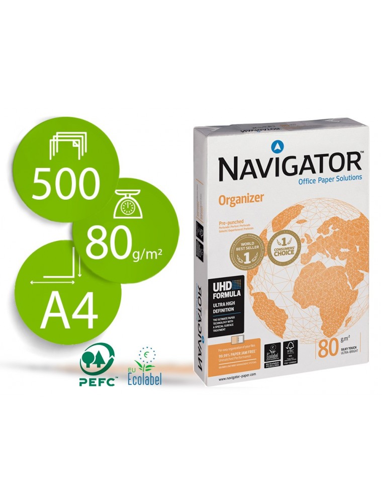 Papel fotocopiadora navigator din a4 80 gramos -4 taladros papel multiuso ink-jet y laserpaquete de 500 hojas